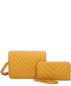 Chevron Quilted Flap 2 in 1 Crossbody Bag Set VZ366S2 YELLOW